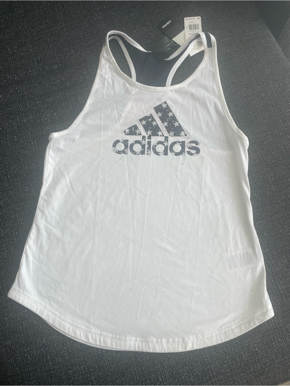 adidas White Racerback Tank with Flag-Pattern Logo